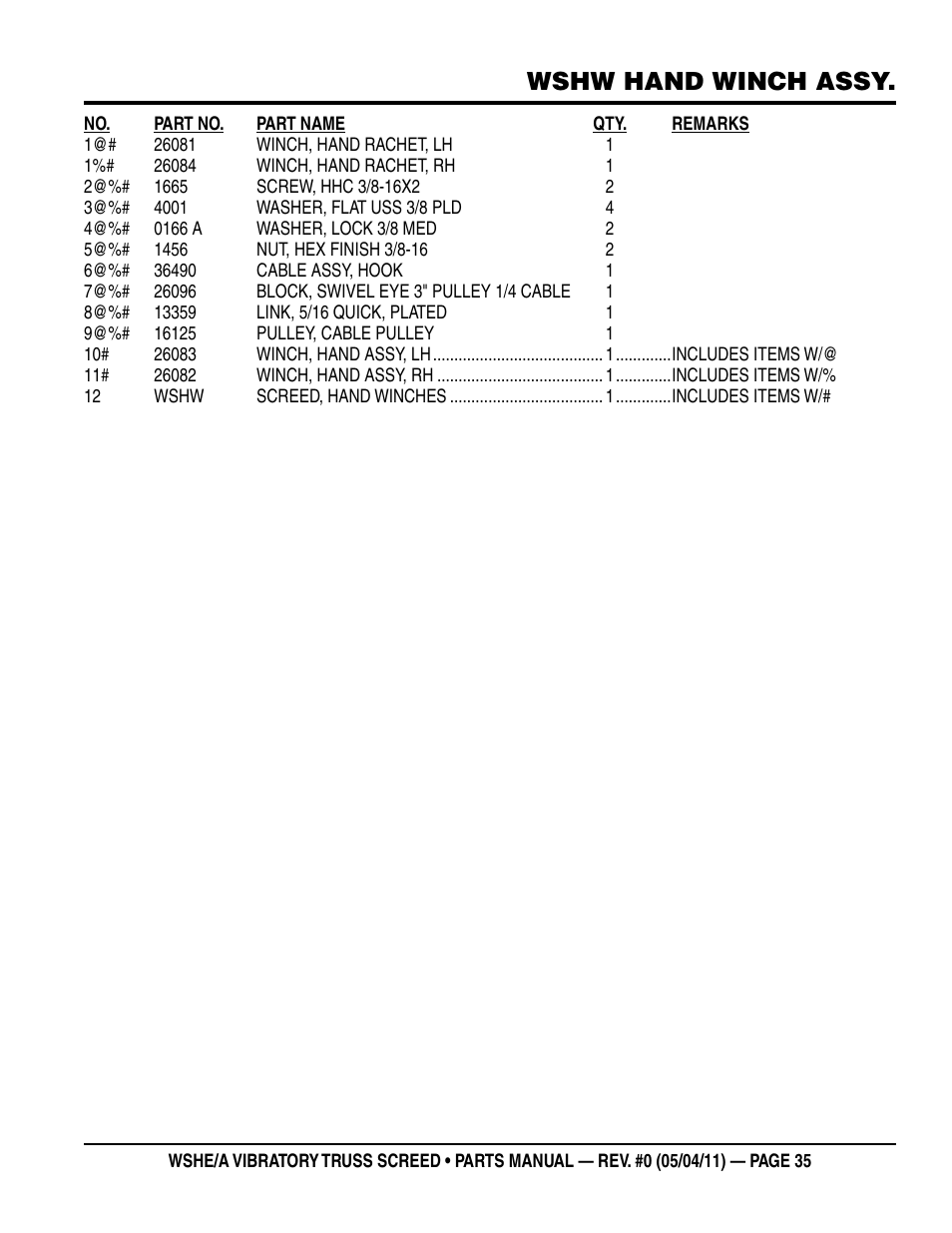 Wshw hand winch assy | Multiquip WSHE_A_SERIES User Manual | Page 35 / 60