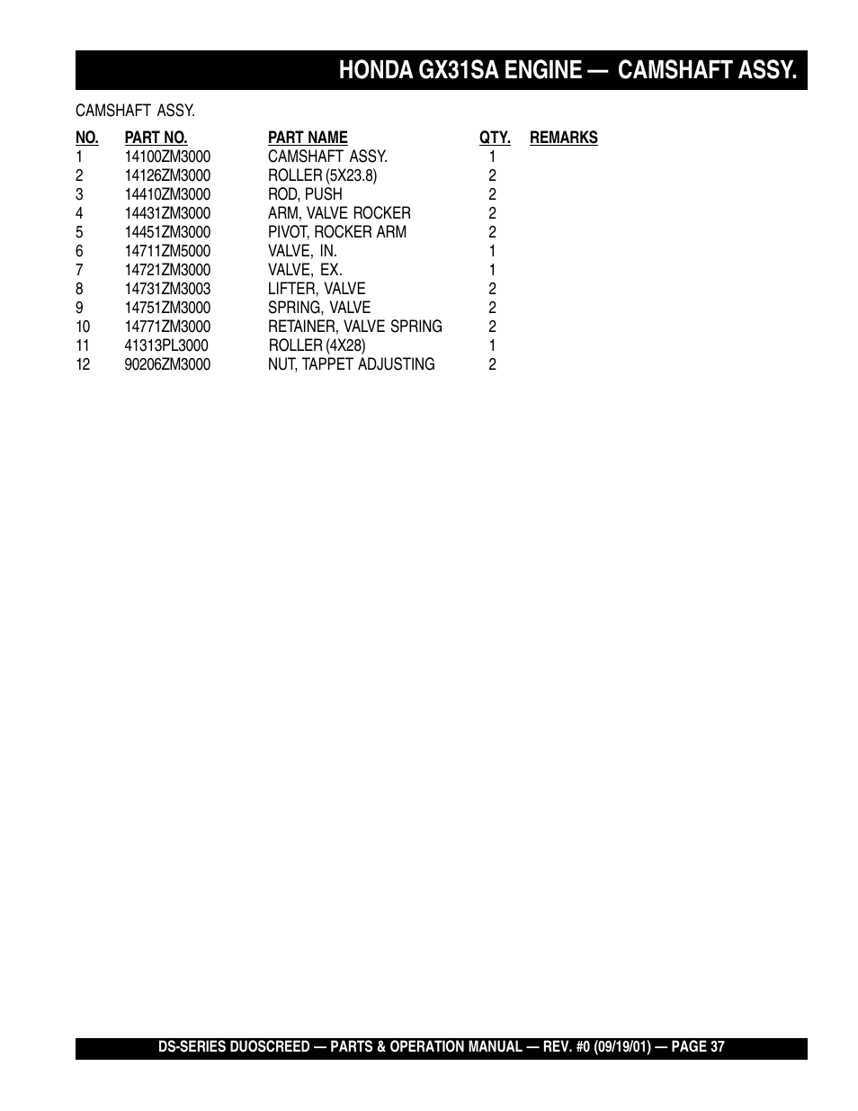 Honda gx31sa engine — camshaft assy | Multiquip DS-Series (CHINA) User Manual | Page 37 / 58