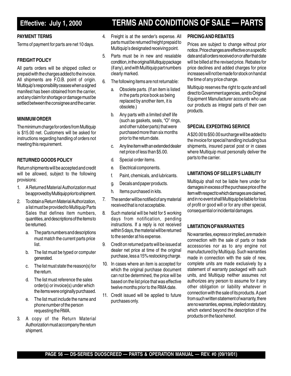 Terms and conditions of sale — parts | Multiquip DS-Series (CHINA) User Manual | Page 56 / 58
