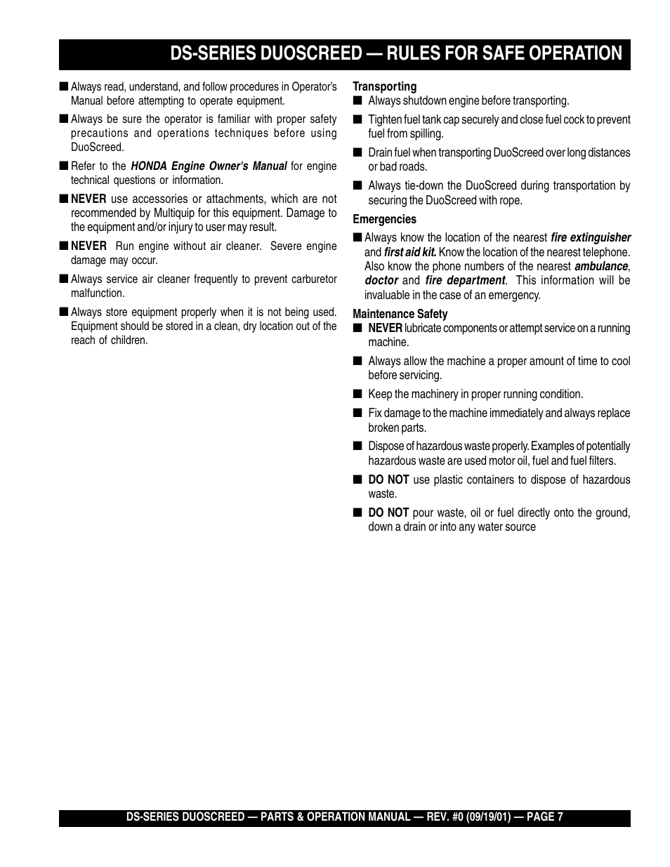 Ds-series duoscreed — rules for safe operation | Multiquip DS-Series (CHINA) User Manual | Page 7 / 58
