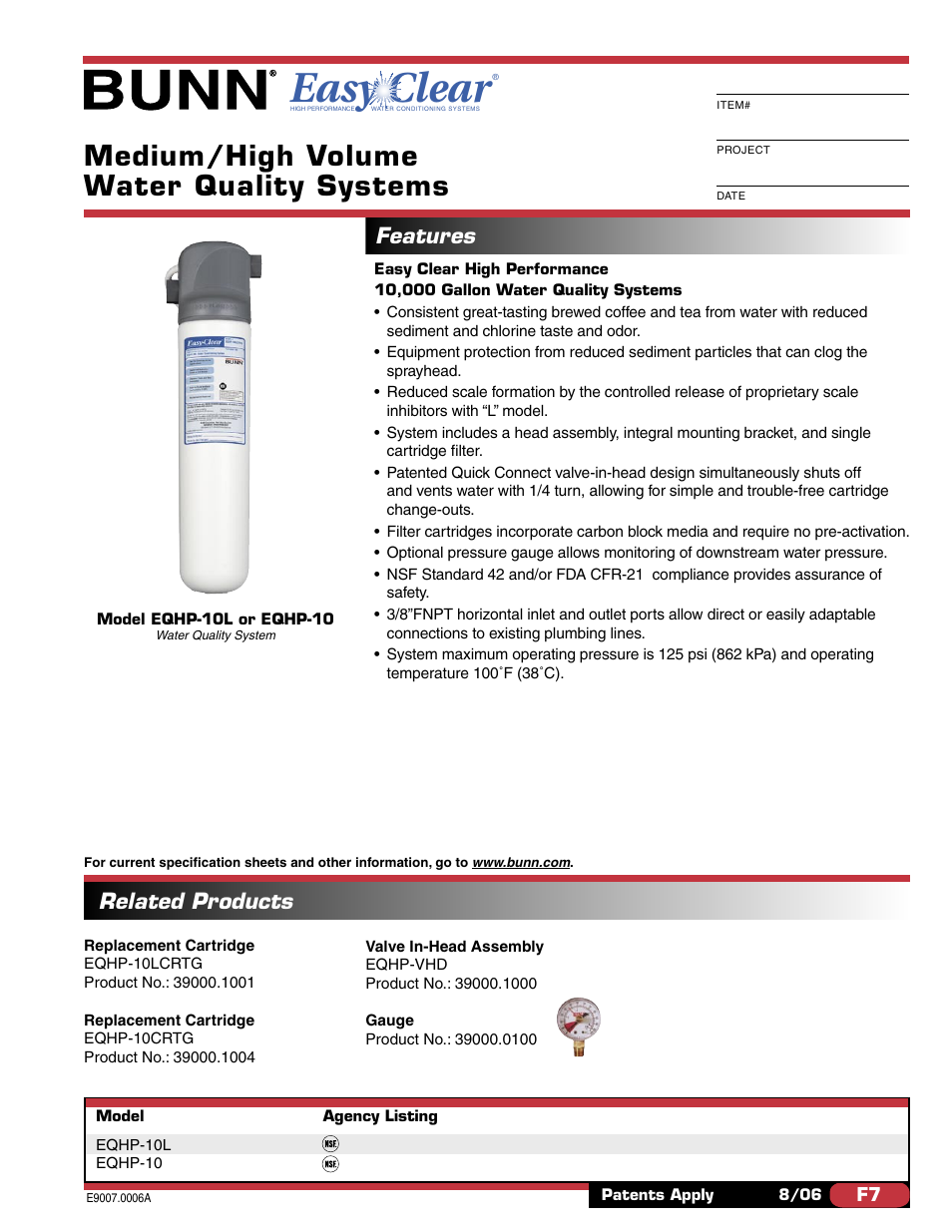 Bunn EQHP-10 User Manual | 2 pages