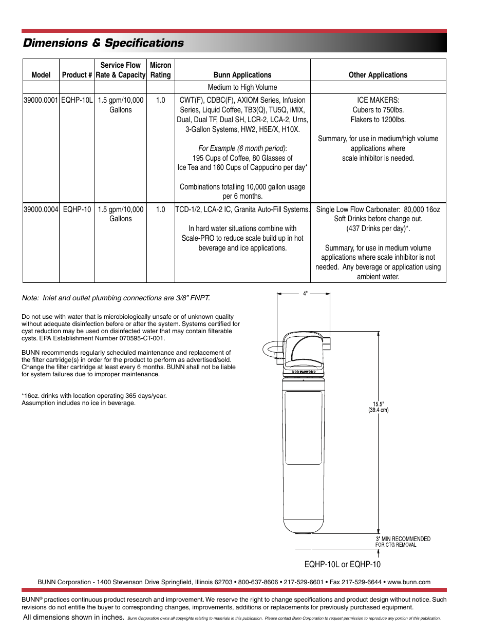 Dimensions & speciﬁcations | Bunn EQHP-10 User Manual | Page 2 / 2