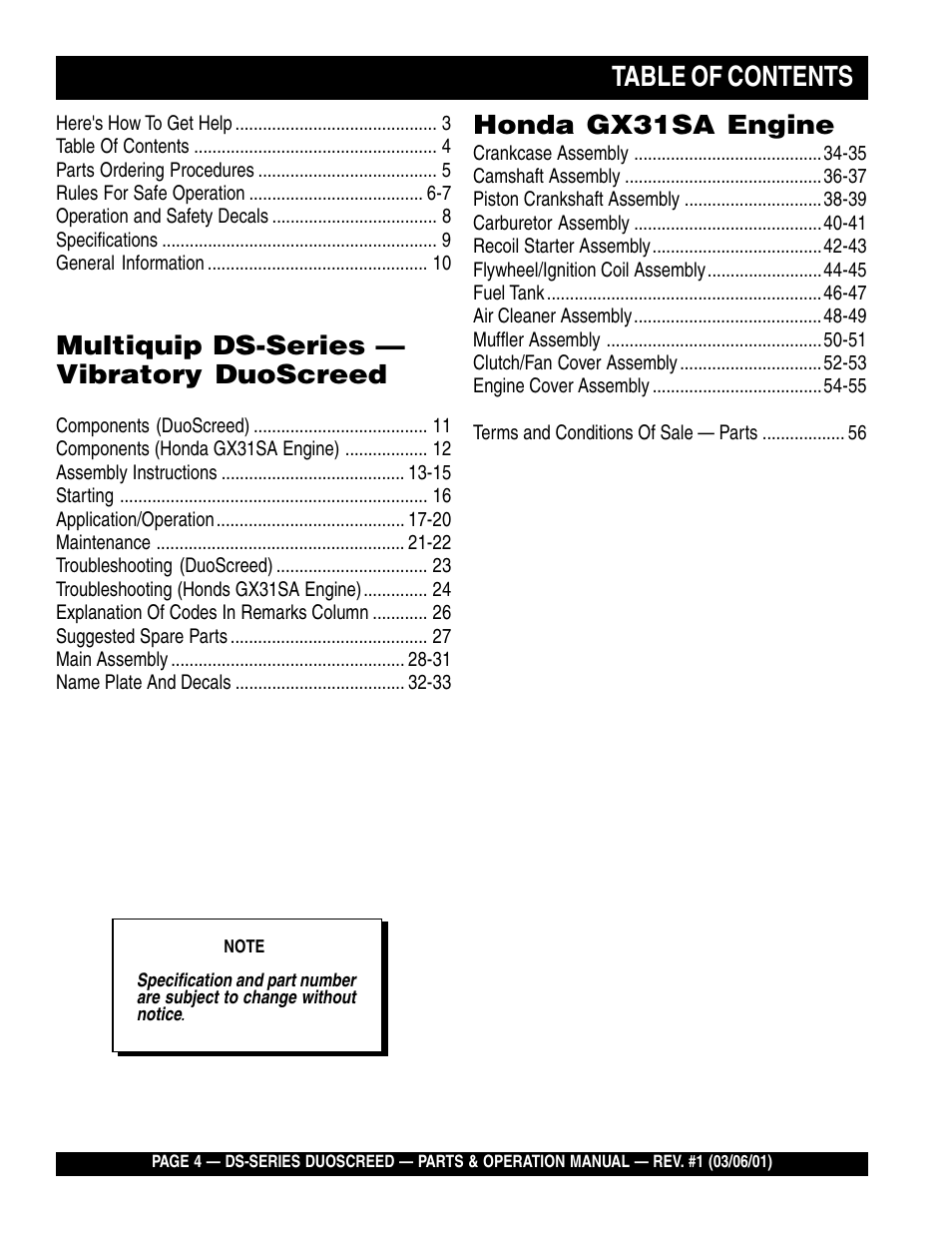 Ltable of contents, Multiquip ds-series — vibratory duoscreed, Honda gx31sa engine | Multiquip DS-Series User Manual | Page 4 / 58