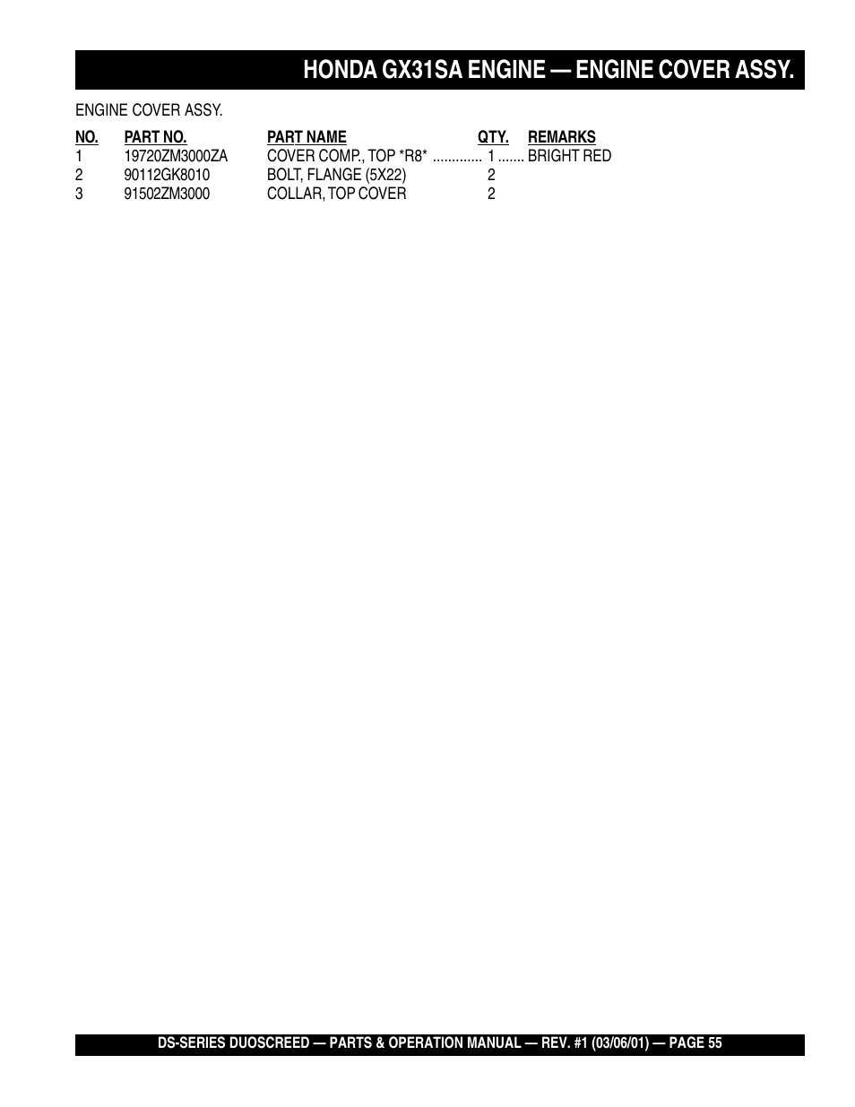 Honda gx31sa engine — engine cover assy | Multiquip DS-Series User Manual | Page 55 / 58