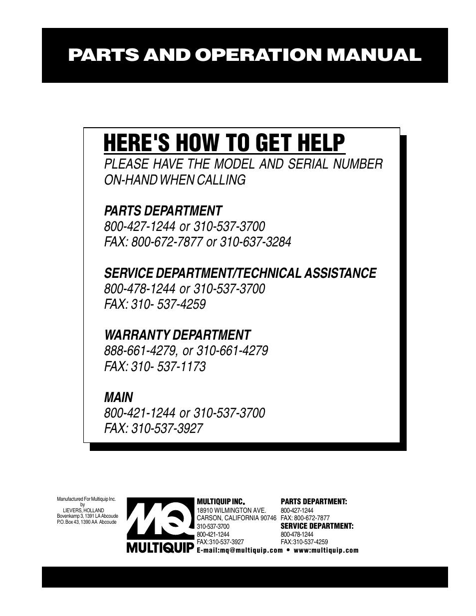 Here's how to get help, Parts and operation manual | Multiquip DS-Series User Manual | Page 58 / 58