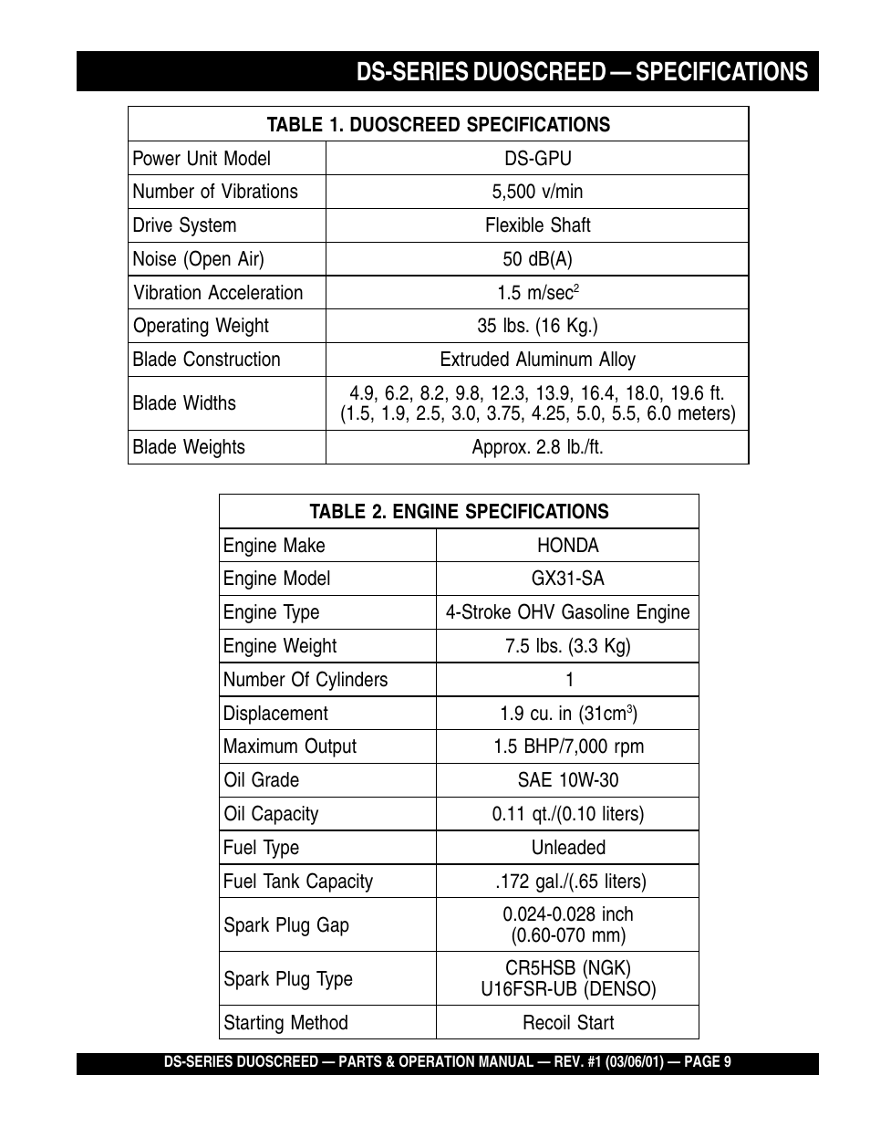 Ds-series duoscreed — specifications | Multiquip DS-Series User Manual | Page 9 / 58