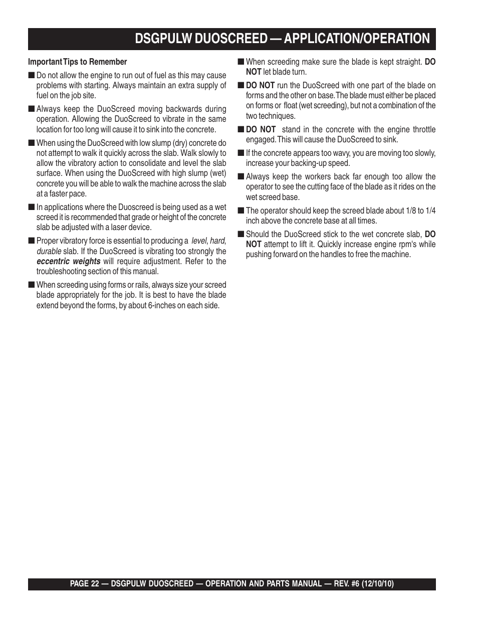 Dsgpulw duoscreed — application/operation | Multiquip DSGPULW User Manual | Page 22 / 64