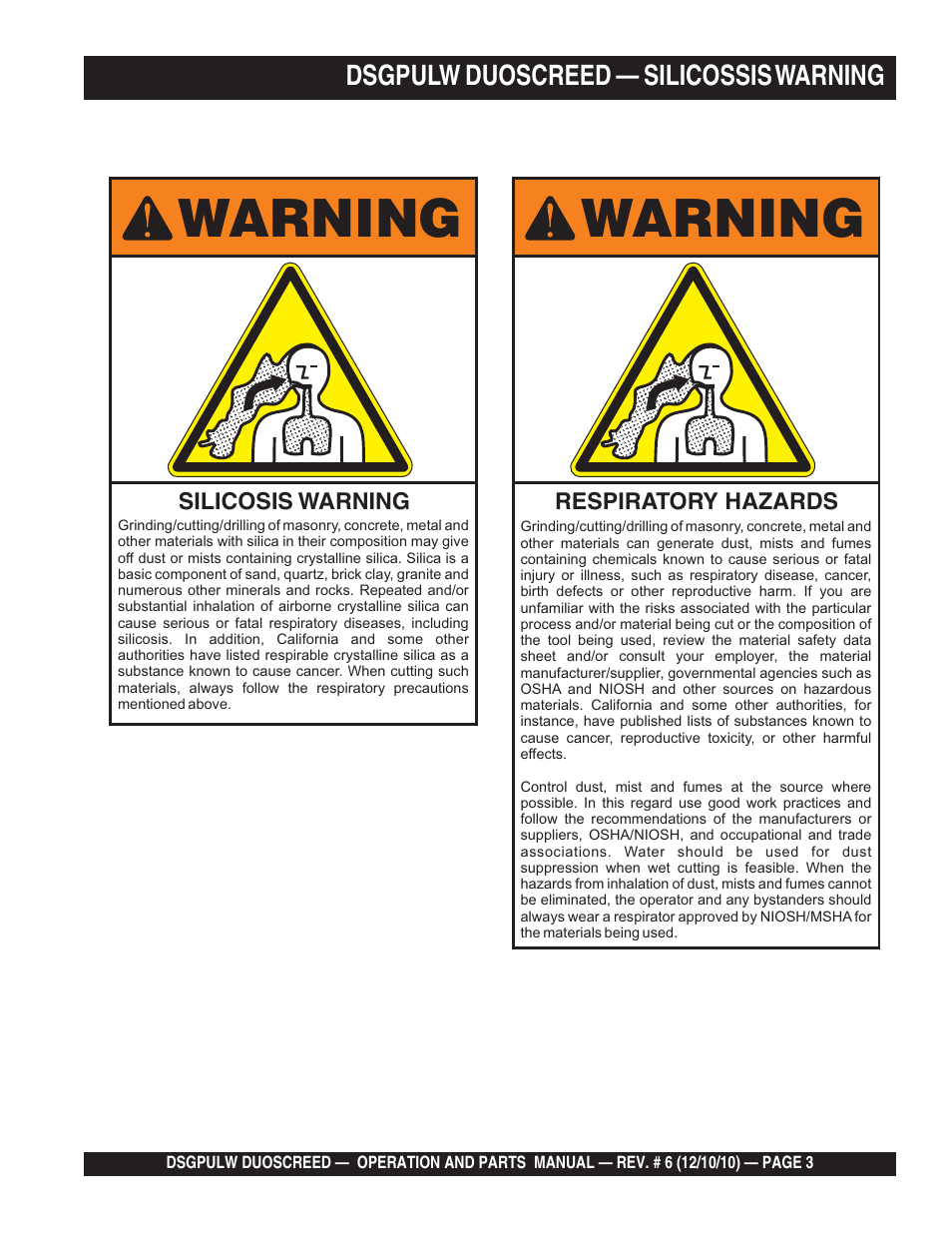 Warning | Multiquip DSGPULW User Manual | Page 3 / 64