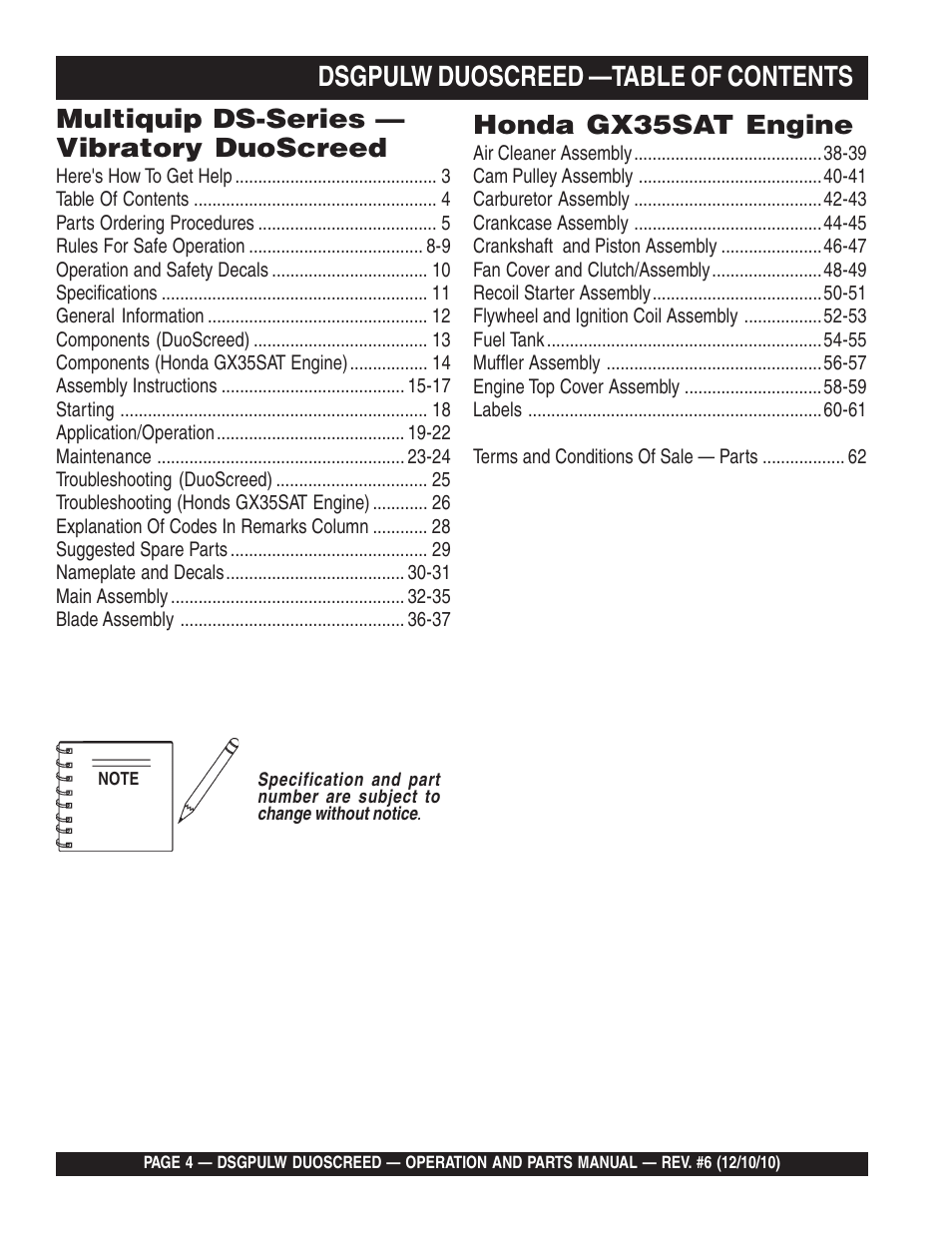 Ldsgpulw duoscreed —table of contents, Honda gx35sat engine, Multiquip ds-series — vibratory duoscreed | Multiquip DSGPULW User Manual | Page 4 / 64