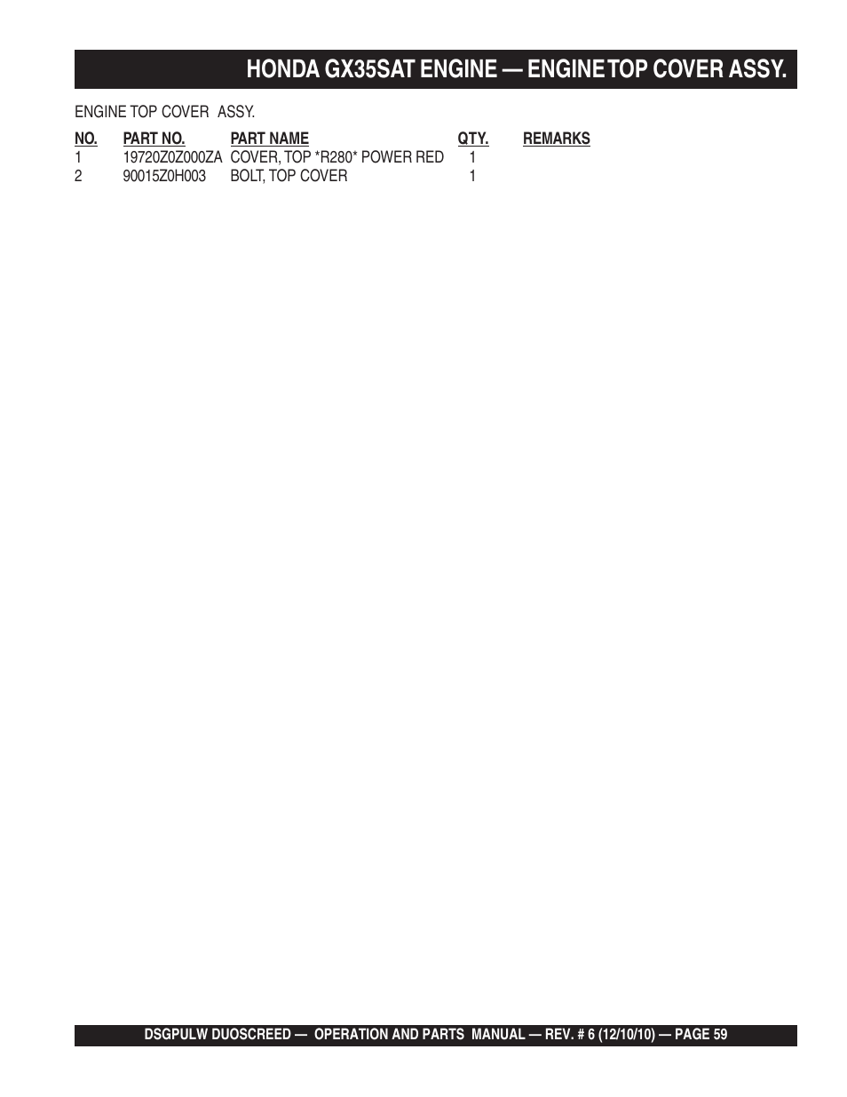 Honda gx35sat engine — engine top cover assy | Multiquip DSGPULW User Manual | Page 59 / 64