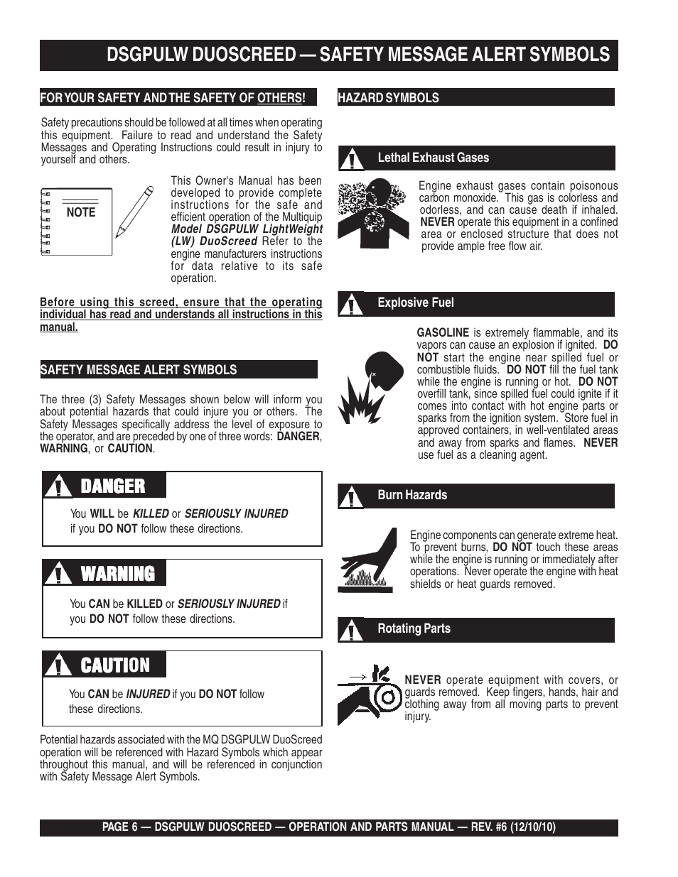 Ldsgpulw duoscreed — safety message alert symbols, Cauti | Multiquip DSGPULW User Manual | Page 6 / 64