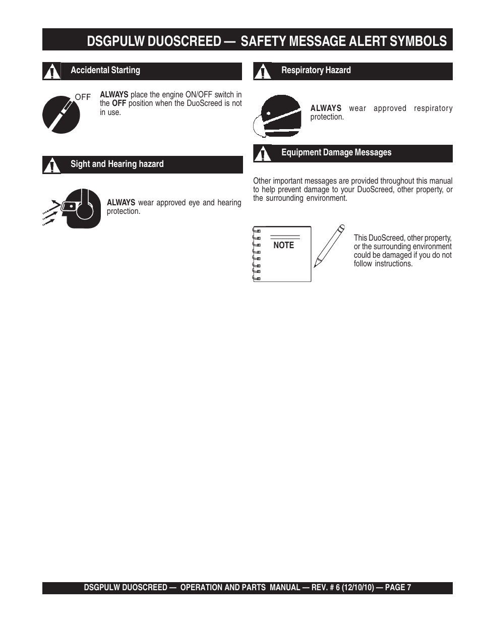 Dsgpulw duoscreed — safety message alert symbols | Multiquip DSGPULW User Manual | Page 7 / 64