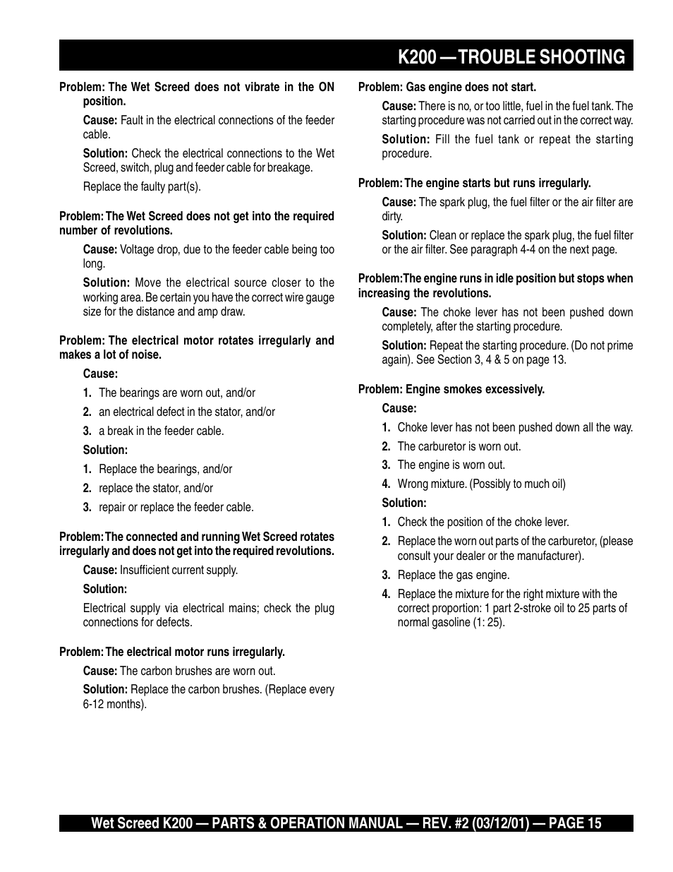 K200 — trouble shooting | Multiquip K200 User Manual | Page 15 / 28