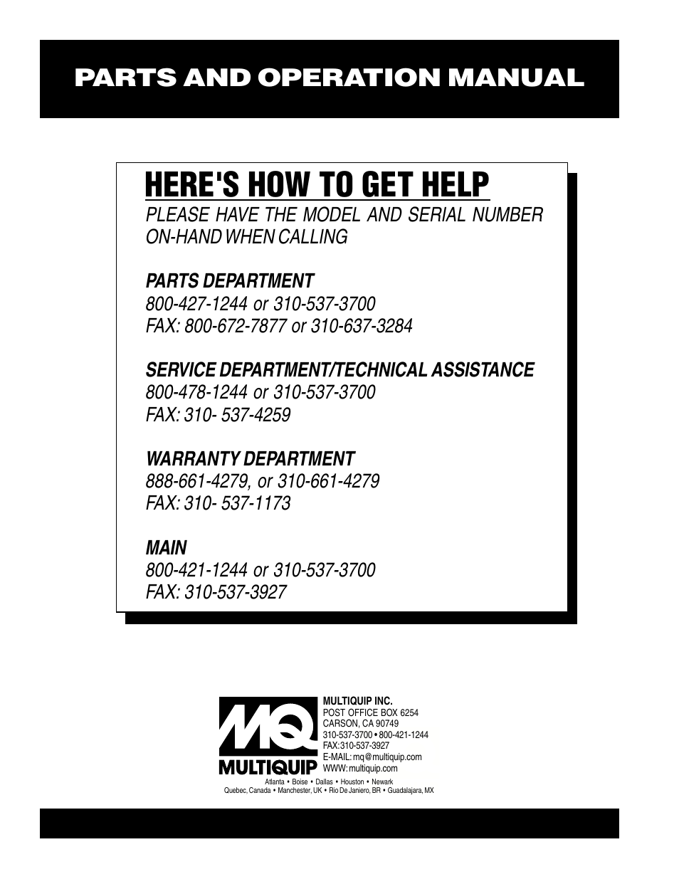 Here's how to get help, Parts and operation manual | Multiquip K200 User Manual | Page 28 / 28