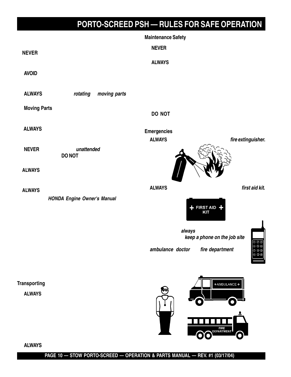 Porto-screed psh — rules for safe operation | Multiquip PSH User Manual | Page 10 / 28