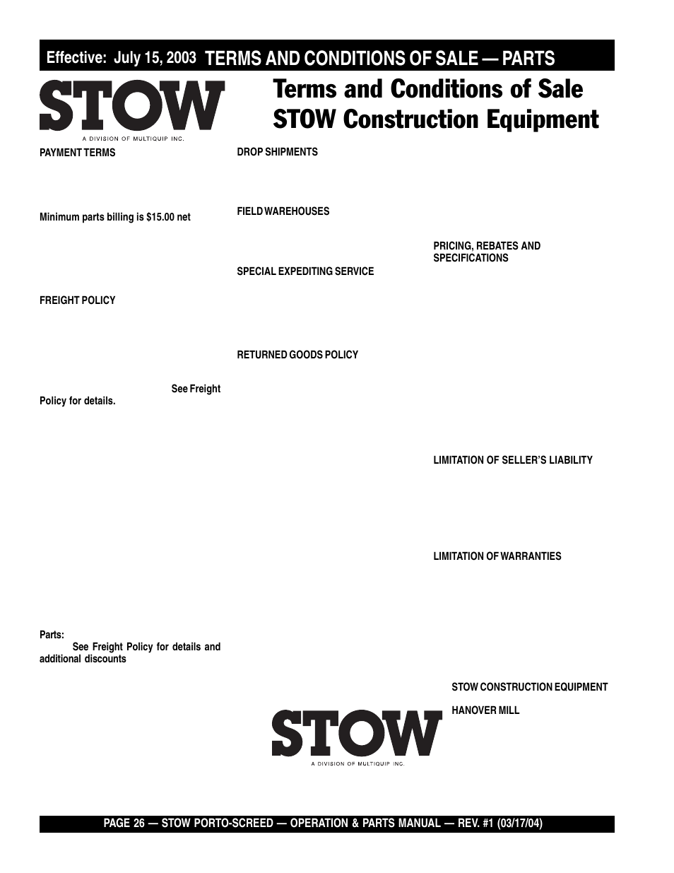Terms and c on diti on s of sale — parts, Terms and conditions of sale — parts | Multiquip PSH User Manual | Page 26 / 28