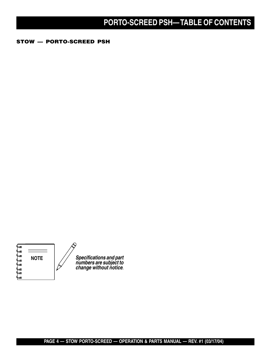 Porto-screed psh— table of contents | Multiquip PSH User Manual | Page 4 / 28