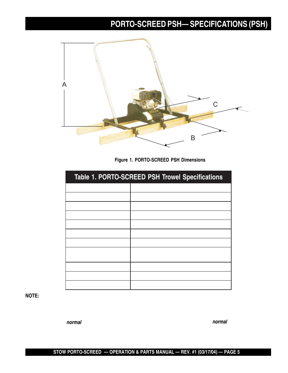 Porto-screed psh— specifications (psh), Ab c | Multiquip PSH User Manual | Page 5 / 28