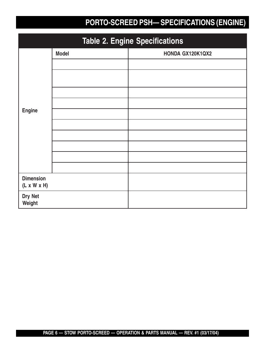 Porto-screed psh— specifications (engine) | Multiquip PSH User Manual | Page 6 / 28