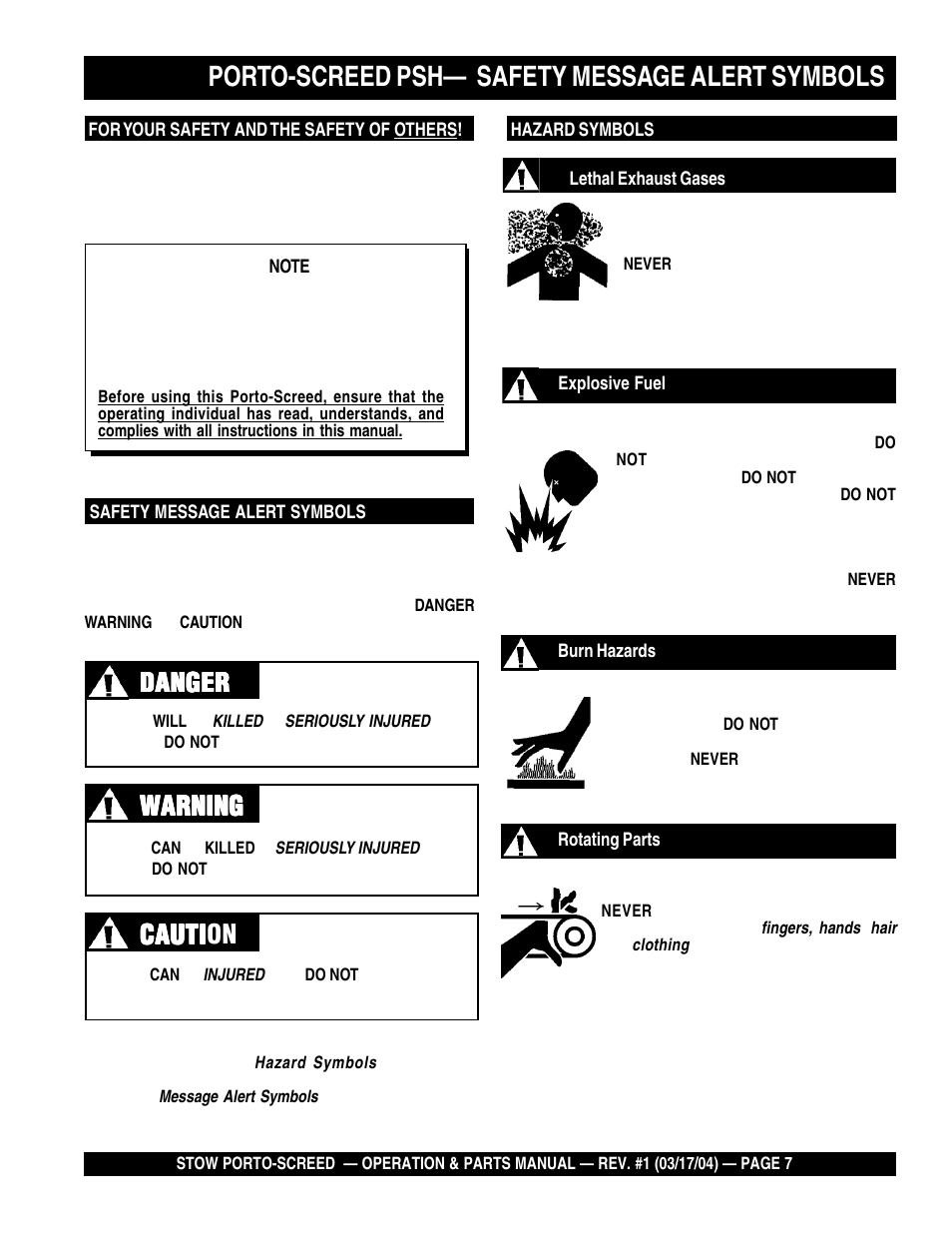 Porto-screed psh— safety message alert symbols, Cauti | Multiquip PSH User Manual | Page 7 / 28