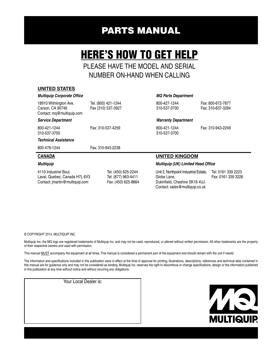 Here’s how to get help, Parts manual | Multiquip WRSPUDF (KUBOTA WG972GL-E3 DUAL FUEL GAS AND PROPANE ENGINE) User Manual | Page 108 / 108
