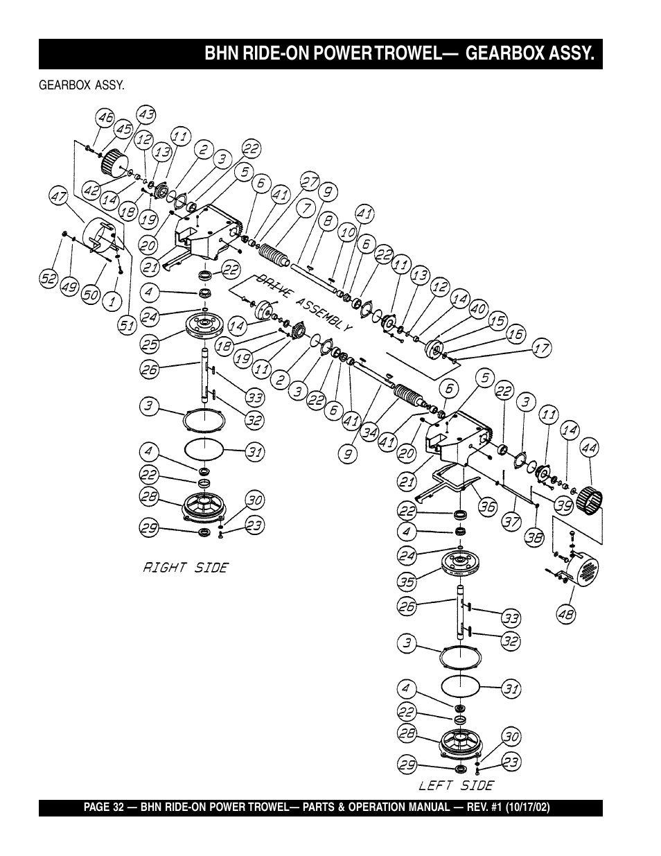 Bhn ride-on power trowel— gearbox assy | Multiquip BHN User Manual | Page 32 / 64