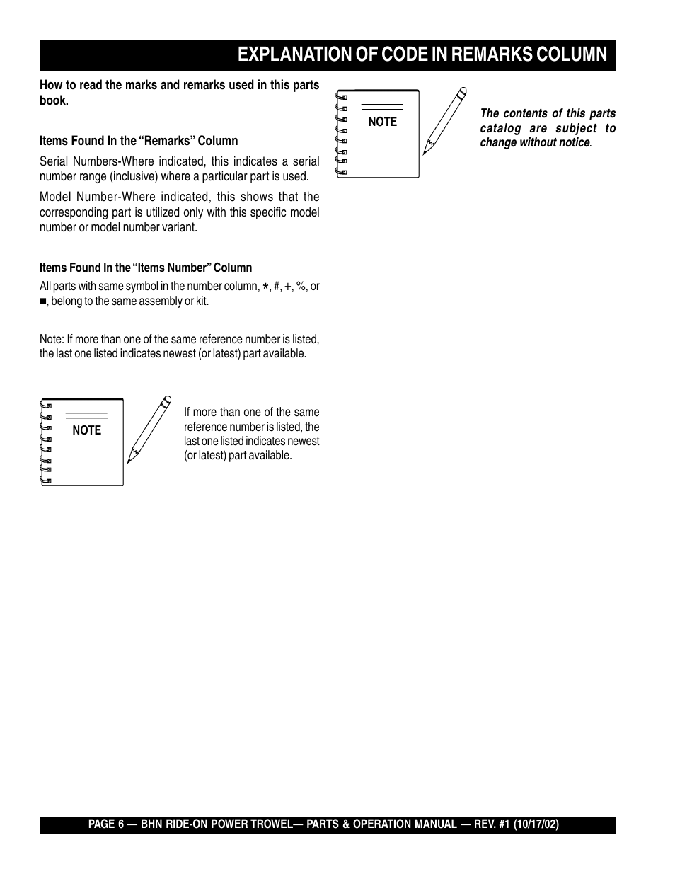 Explanation of code in remarks column | Multiquip BHN User Manual | Page 6 / 64