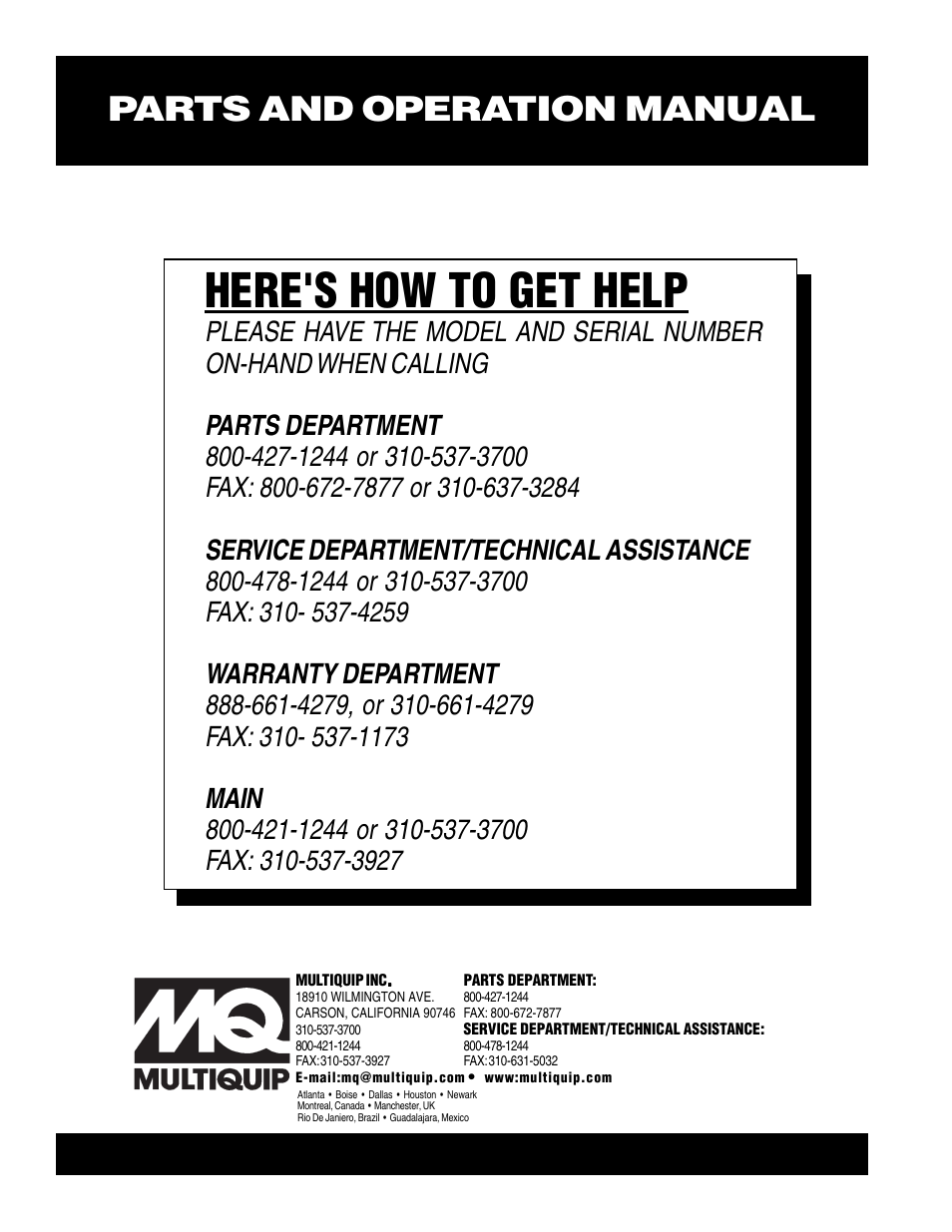 Here's how to get help, Parts and operation manual | Multiquip BHN User Manual | Page 64 / 64