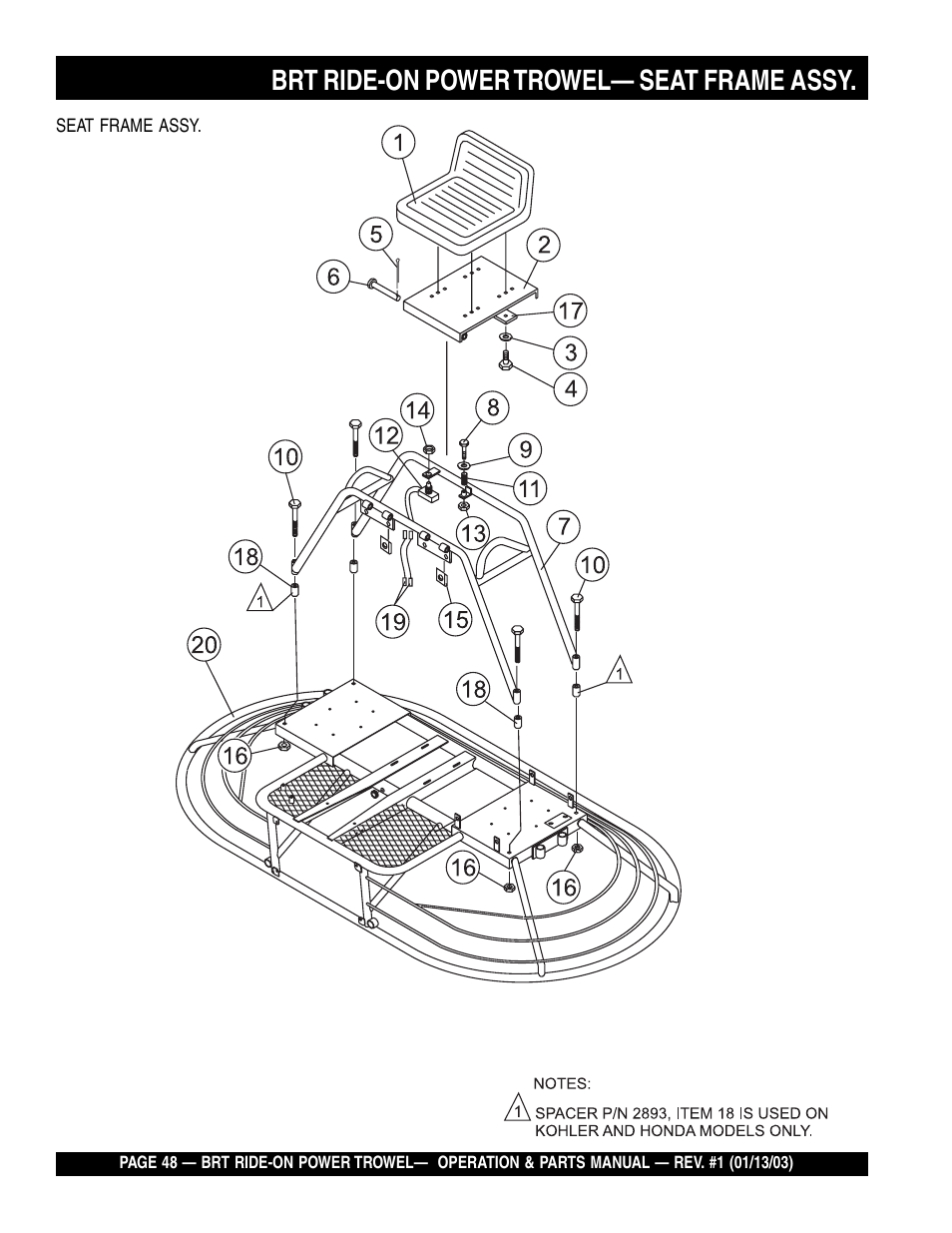 Brt ride-on power trowel— seat frame assy | Multiquip BRT User Manual | Page 48 / 76