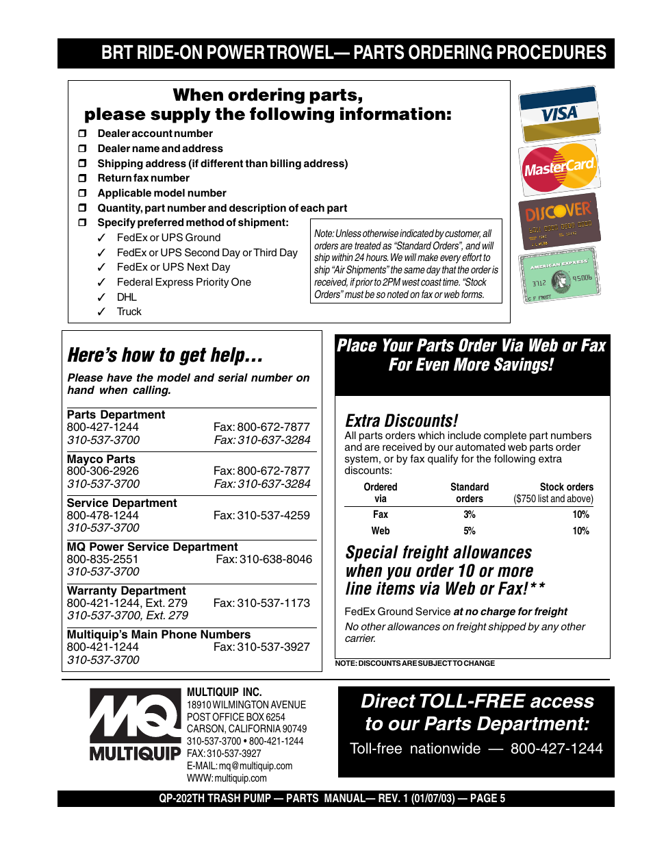 Here’s how to get help, Direct toll-free access to our parts department, Extra discounts | Multiquip BRT User Manual | Page 5 / 76