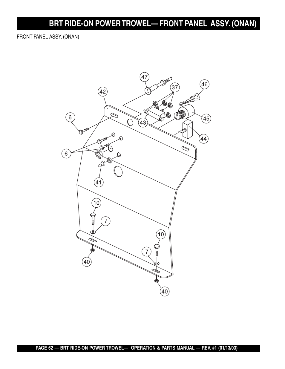 Brt ride-on power trowel— front panel assy. (onan) | Multiquip BRT User Manual | Page 62 / 76