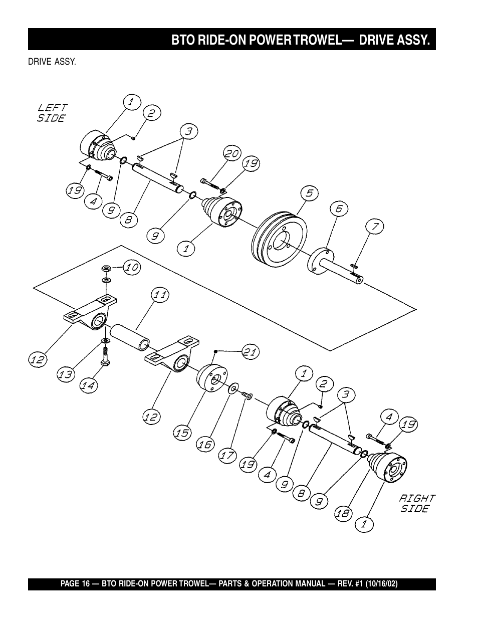 Bto ride-on power trowel— drive assy | Multiquip BTO20HTCSL User Manual | Page 16 / 56