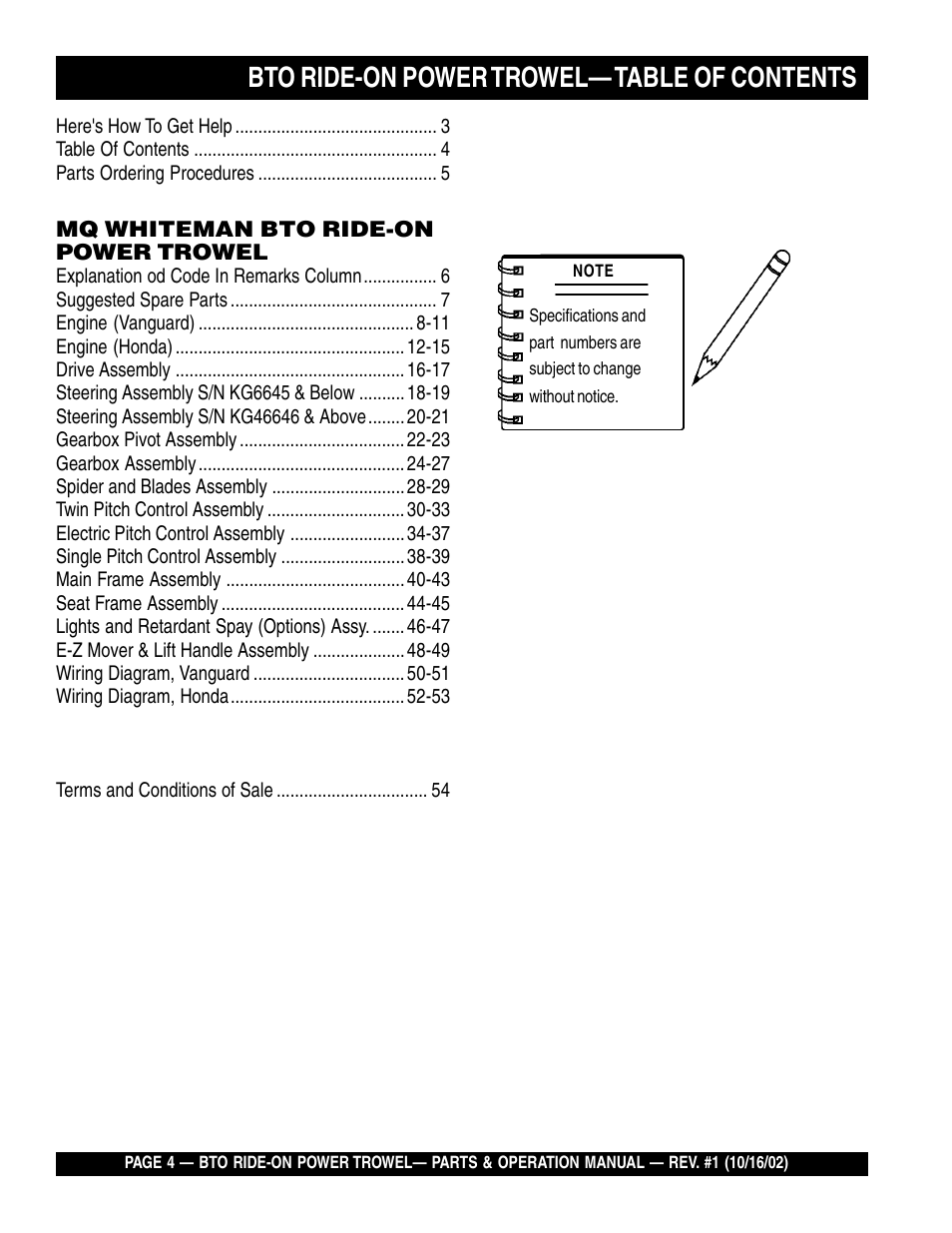 Bto ride-on power trowel— table of contents | Multiquip BTO20HTCSL User Manual | Page 4 / 56