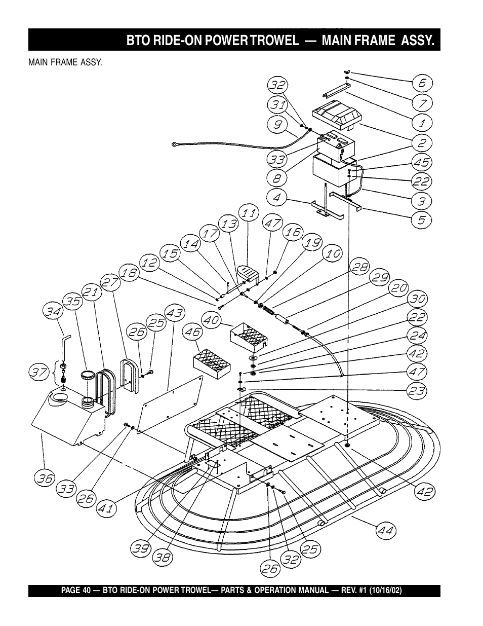 Bto ride-on power trowel — main frame assy | Multiquip BTO20HTCSL User Manual | Page 40 / 56