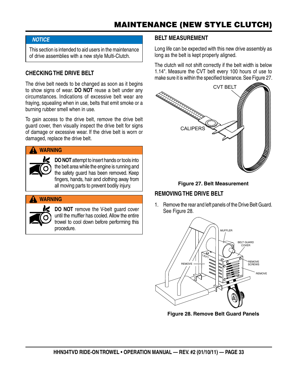 Maintenance (new style clutch), Checking the drive belt, Belt measurement | Removing the drive belt | Multiquip HHN34TVD User Manual | Page 33 / 46