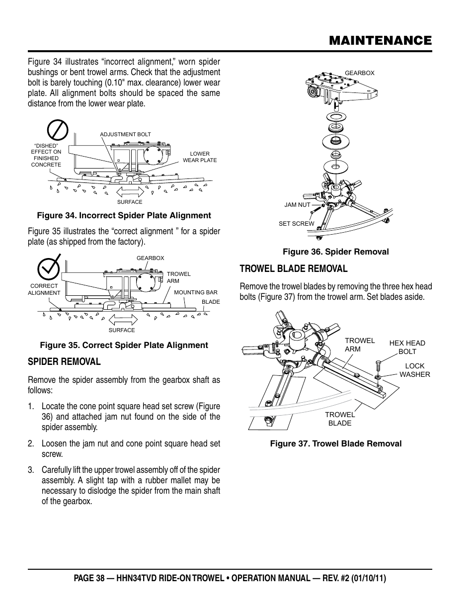 Maintenance, Spider removal, Trowel blade removal | Multiquip HHN34TVD User Manual | Page 38 / 46