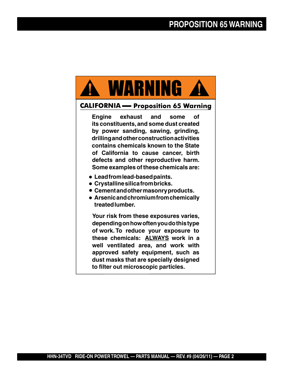 Proposition 65 warning | Multiquip HHN34TVD User Manual | Page 2 / 68