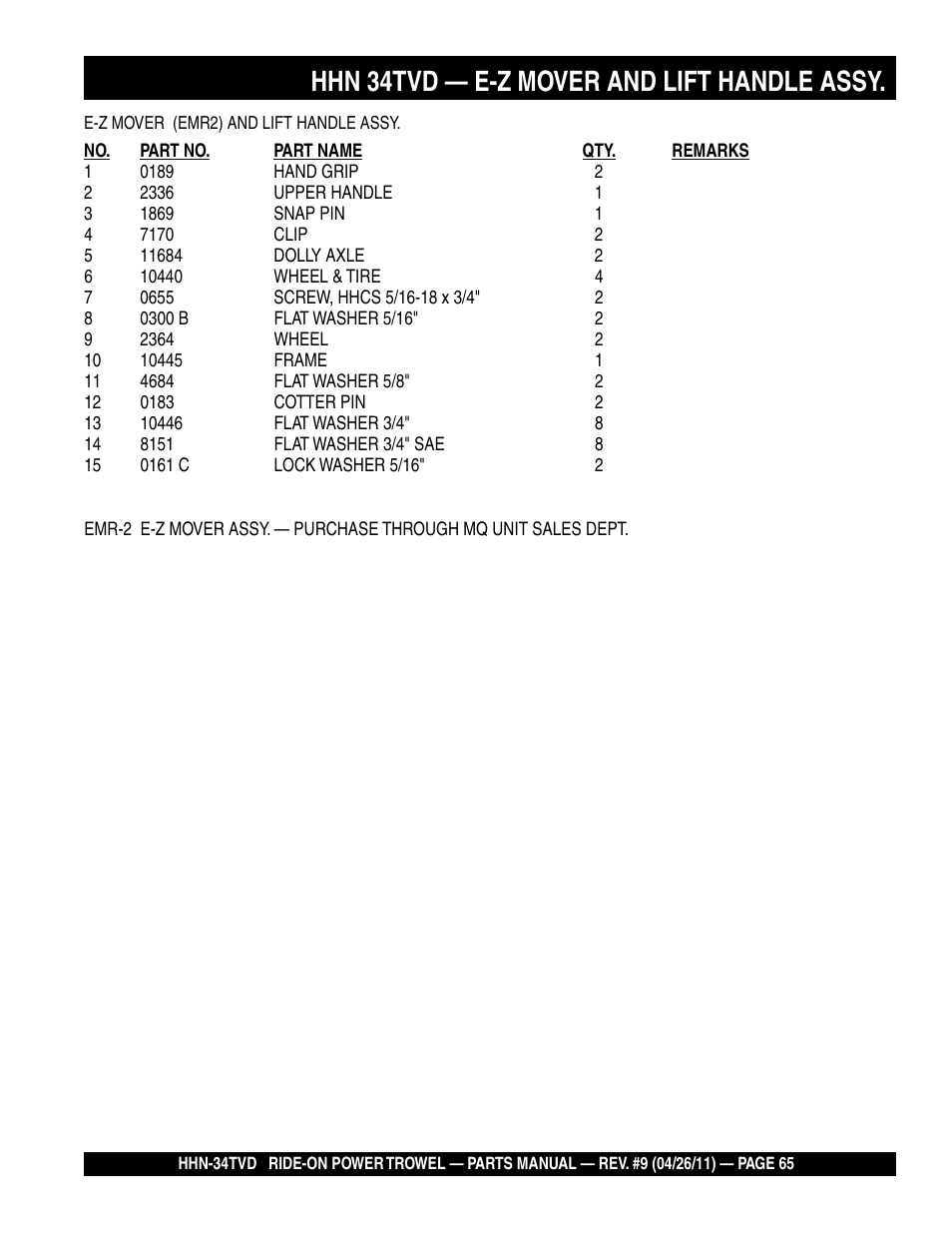 Hhn 34tvd — e-z mover and lift handle assy | Multiquip HHN34TVD User Manual | Page 65 / 68