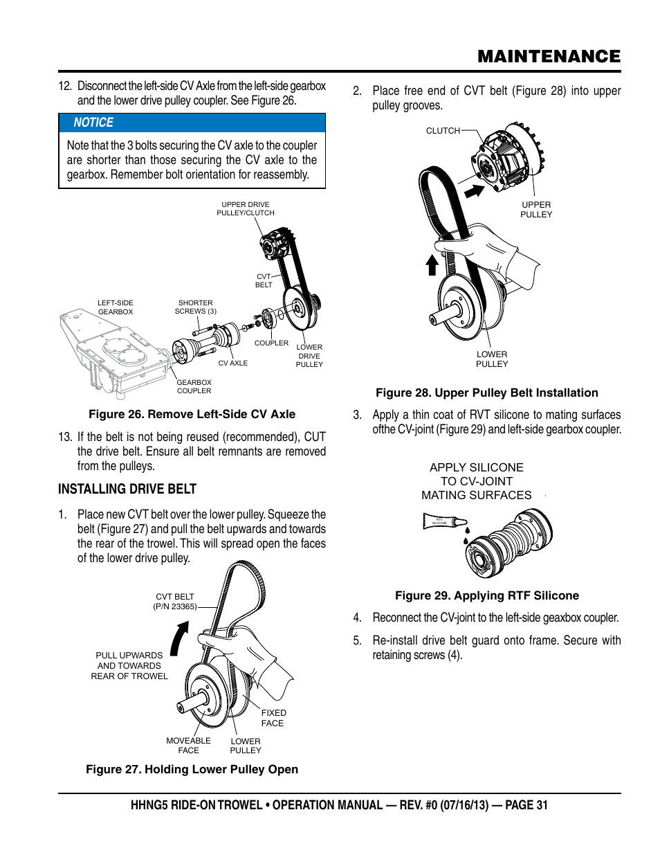 Maintenance, Installing drive belt | Multiquip HHNG5 User Manual | Page 31 / 42