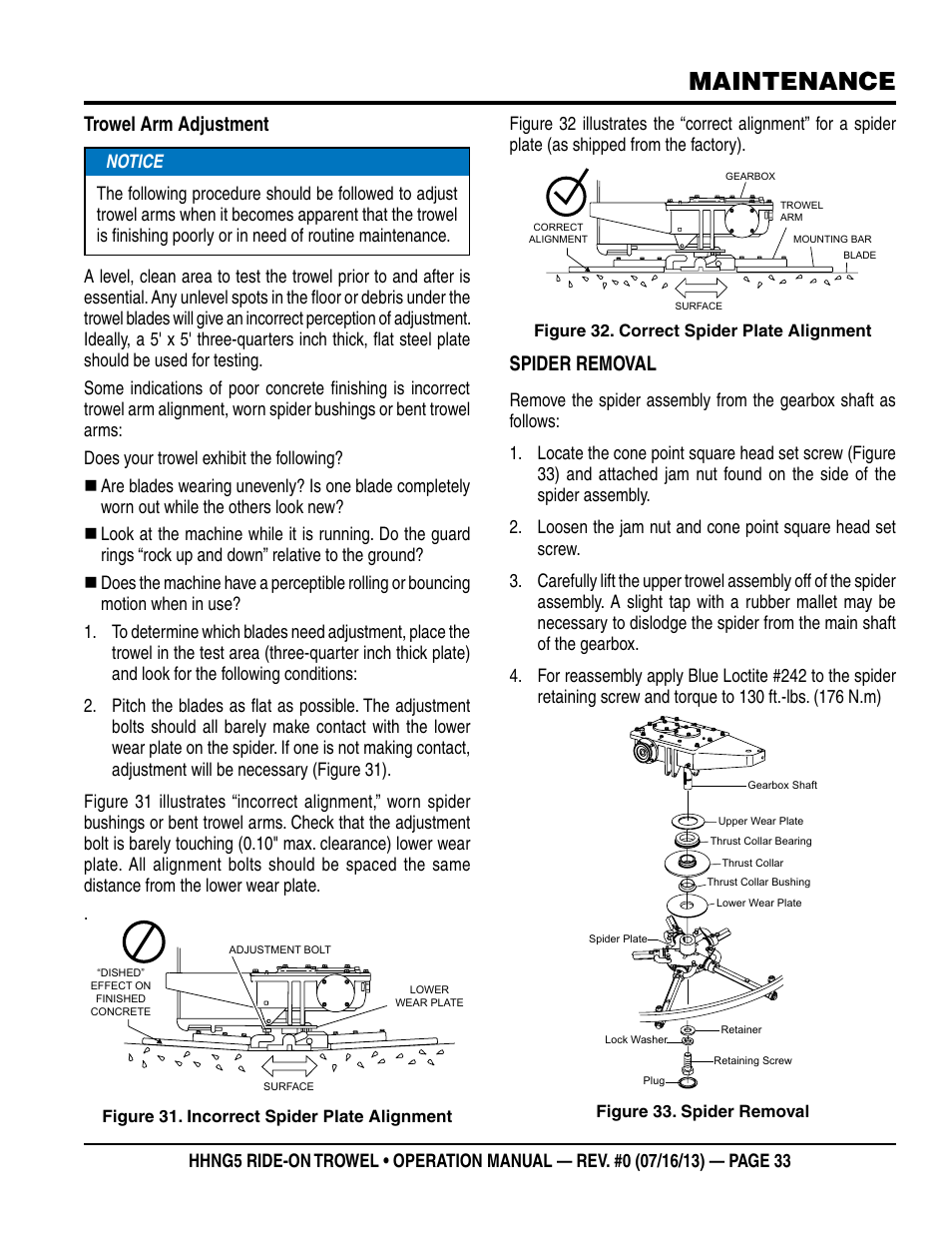 Maintenance, Trowel arm adjustment, Spider removal | Multiquip HHNG5 User Manual | Page 33 / 42