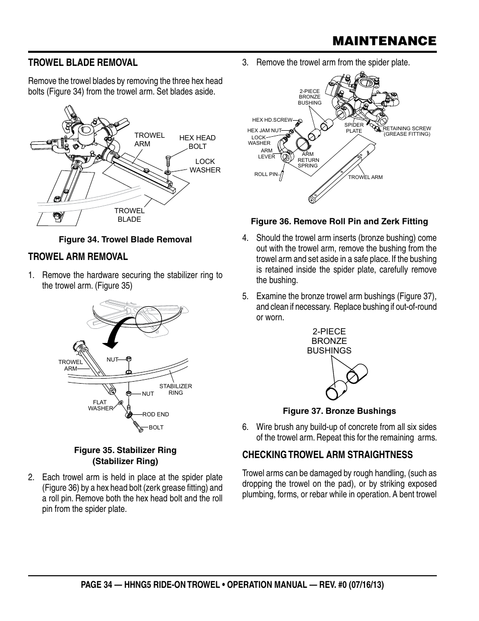 Maintenance, Trowel blade removal, Trowel arm removal | Checking trowel arm straightness | Multiquip HHNG5 User Manual | Page 34 / 42