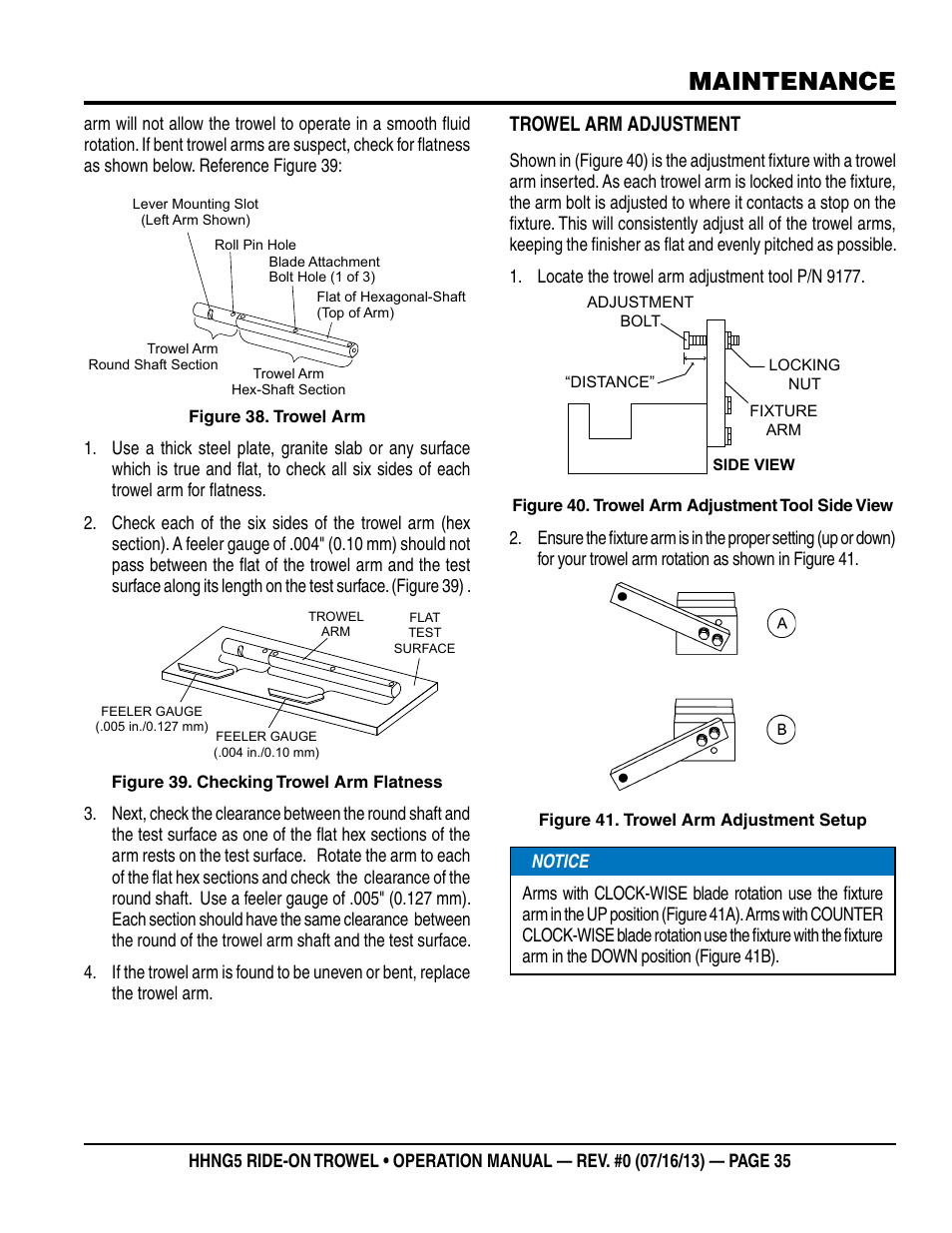 Maintenance, Trowel arm adjustment | Multiquip HHNG5 User Manual | Page 35 / 42