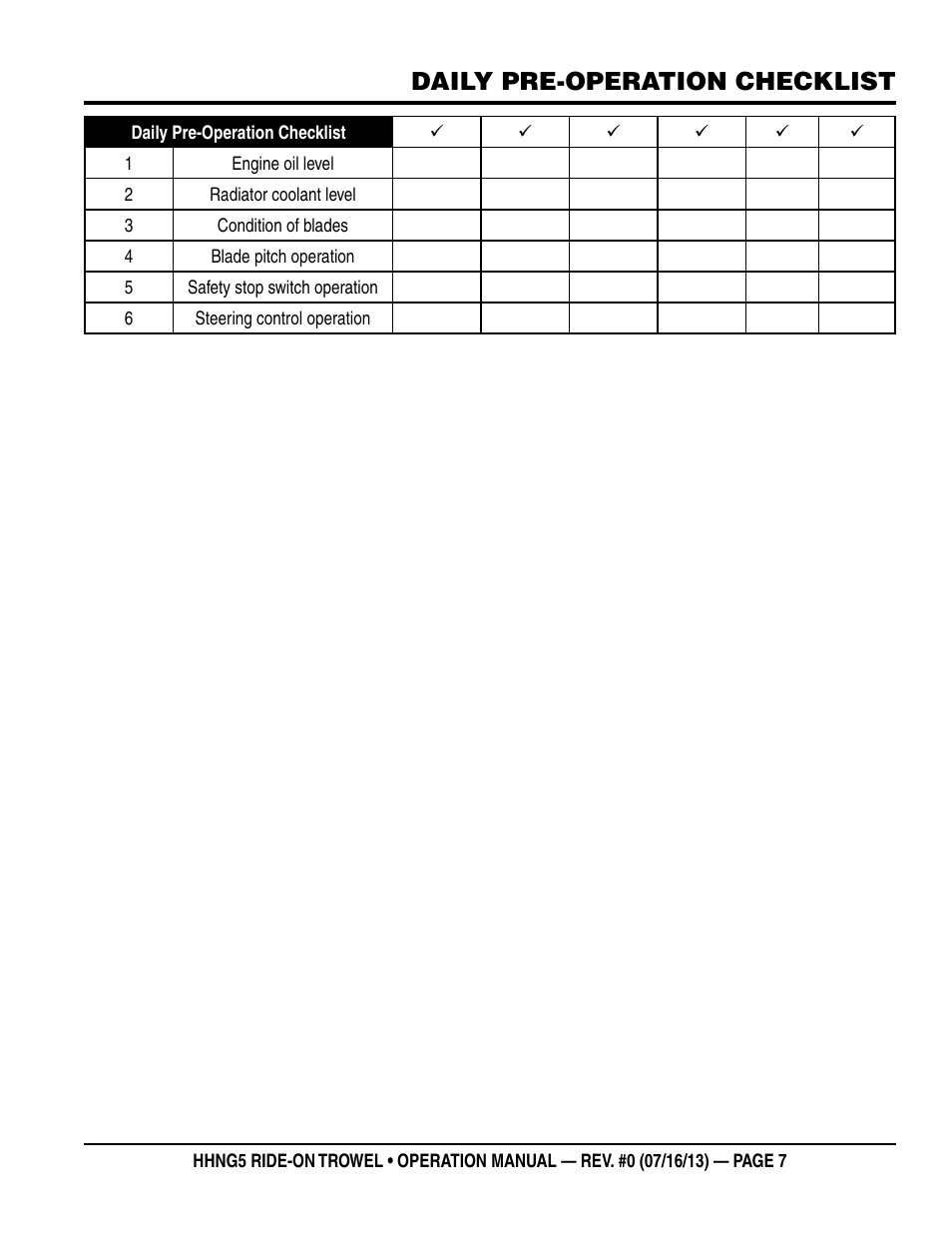 Daily pre-operation checklist | Multiquip HHNG5 User Manual | Page 7 / 42