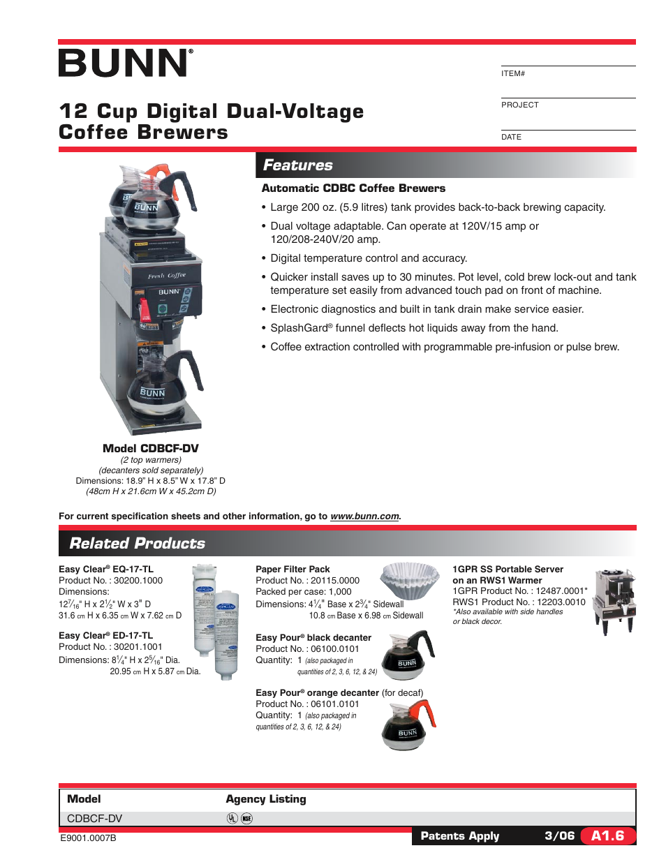 Bunn CDBCF-DV User Manual | 2 pages