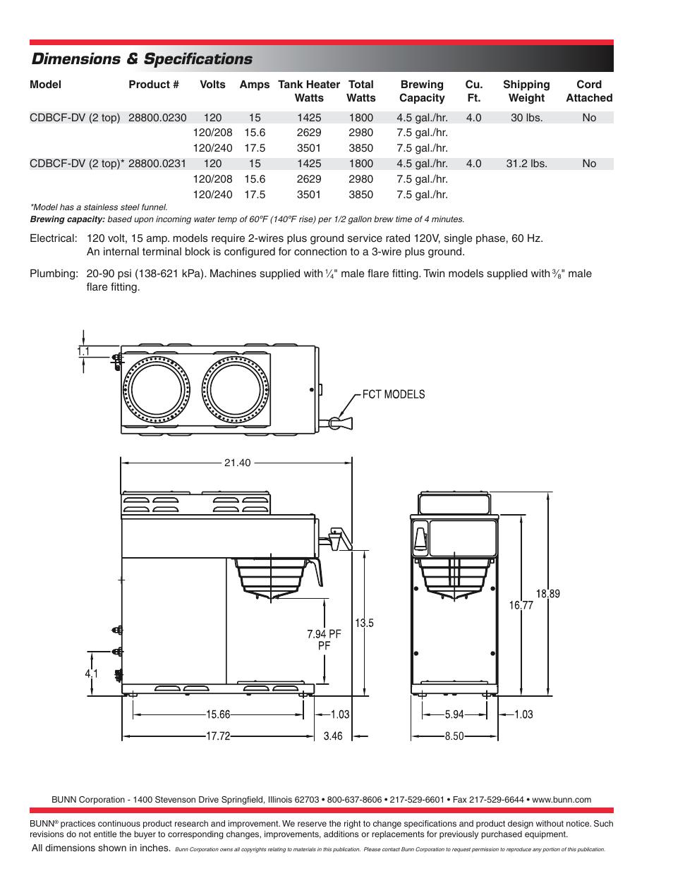 Dimensions & speciﬁcations | Bunn CDBCF-DV User Manual | Page 2 / 2