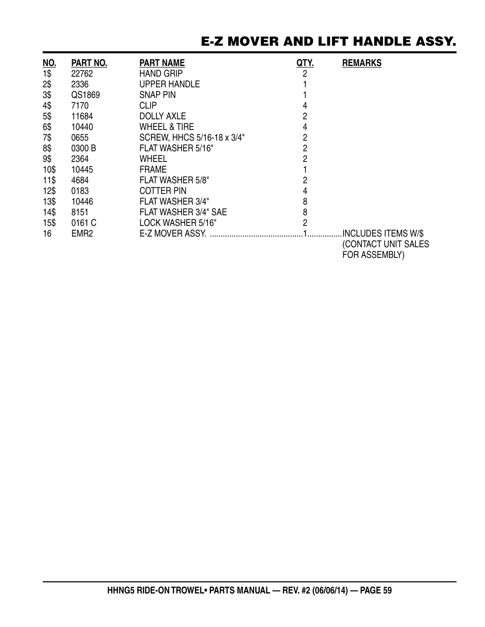 E-z mover and lift handle assy | Multiquip HHNG5 User Manual | Page 59 / 62