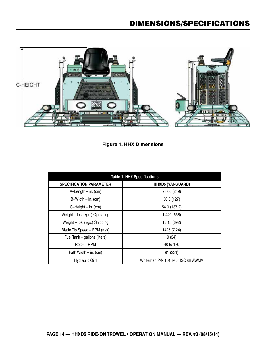 Dimensions/specifications | Multiquip HHXD5 User Manual | Page 14 / 54
