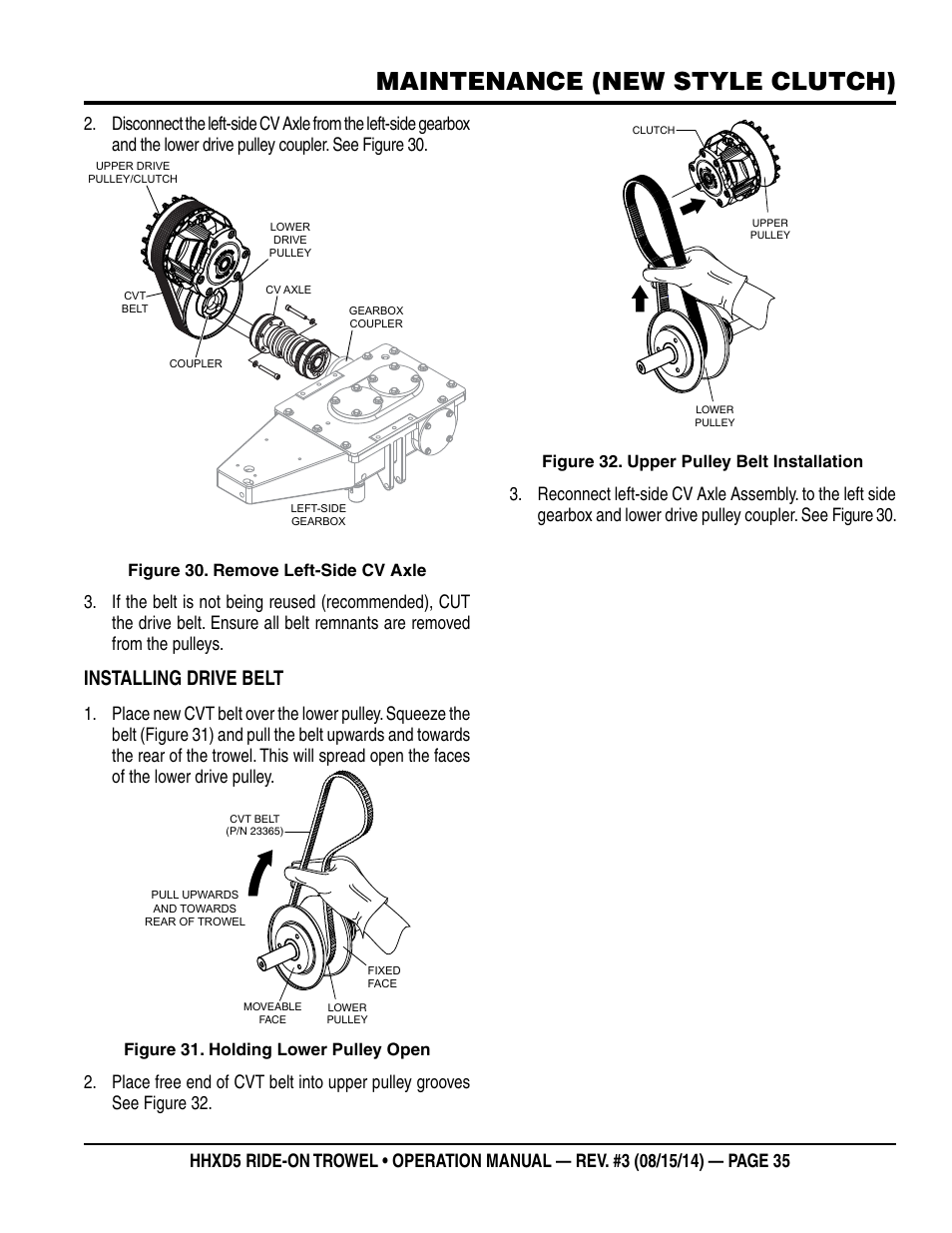 Maintenance (new style clutch), Installing drive belt, Figure 30. remove left-side cv axle | Figure 31. holding lower pulley open, Figure 32. upper pulley belt installation | Multiquip HHXD5 User Manual | Page 35 / 54