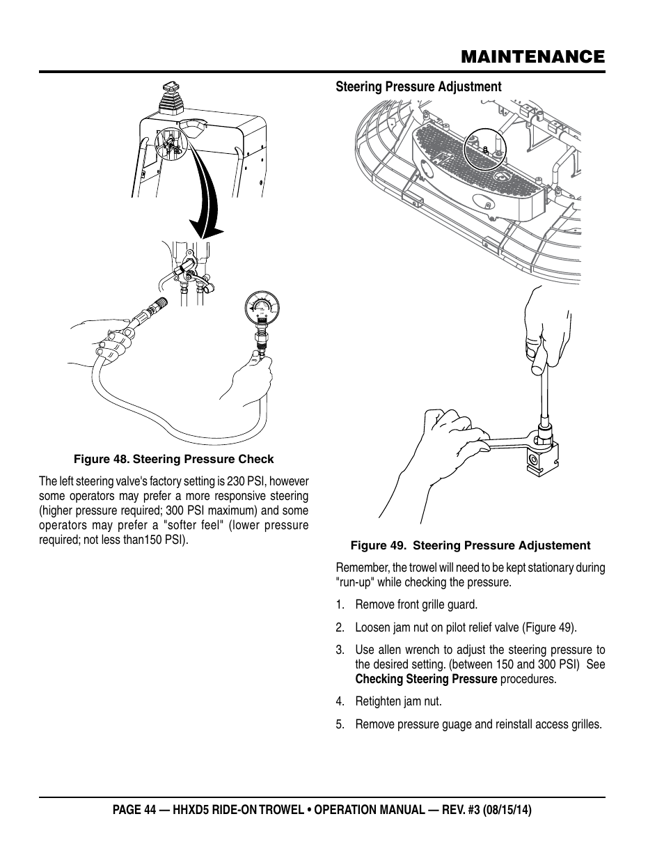 Maintenance, Steering pressure adjustment, Figure 48. steering pressure check | Figure 49. steering pressure adjustement | Multiquip HHXD5 User Manual | Page 44 / 54
