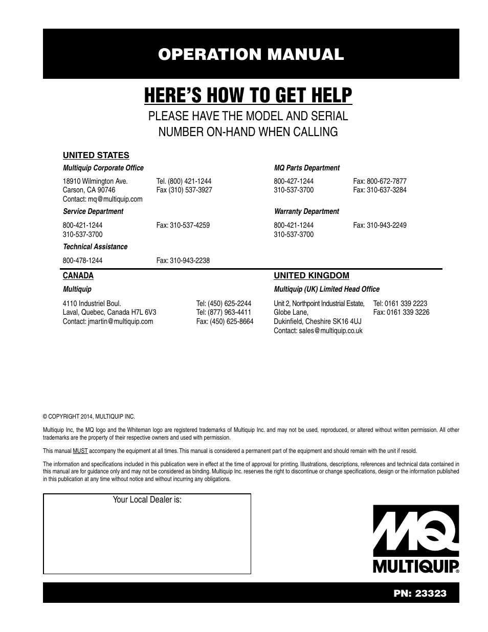 Here’s how to get help, Operation manual | Multiquip HHXD5 User Manual | Page 54 / 54